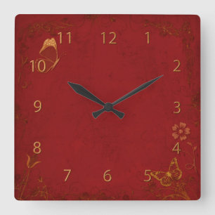 Horloge Carrée Élégant Papillons Vintages rouge et or