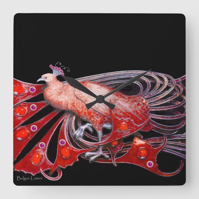 HORLOGE CARRÉE ÉLÉGANT PEACOCK EN ROUGE ET NOIR (Recto)