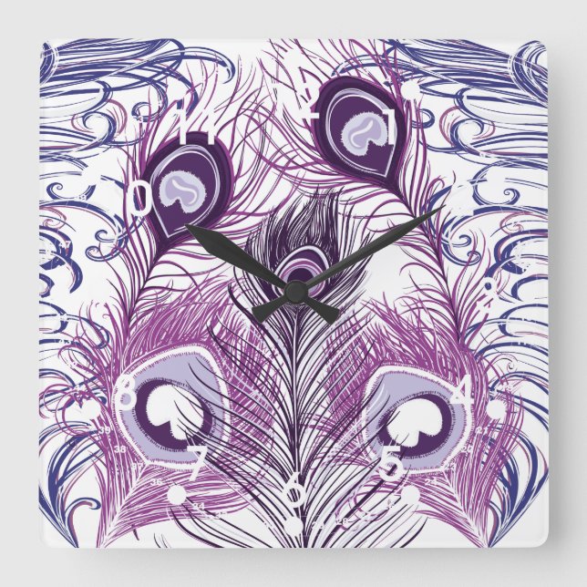 Horloge Carrée Elegant Pretty Purple Peacock Feather (Recto)
