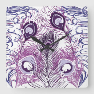 Horloge Carrée Elegant Pretty Purple Peacock Feather
