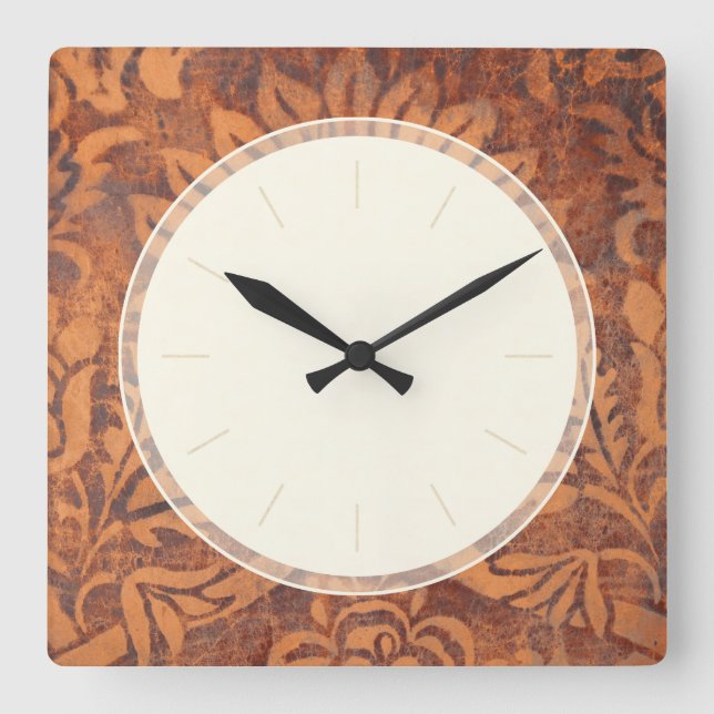 Horloge Carrée Elégant Renaissance Antique Cuir Damask (Recto)