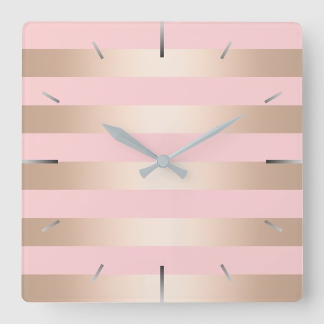 Horloge Carrée Élégant rose moderne poule doré rose rayé (Recto)