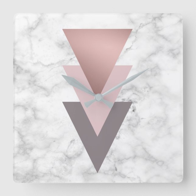 Horloge Carrée élégant rose or rose gris triangles marbre blanc (Recto)