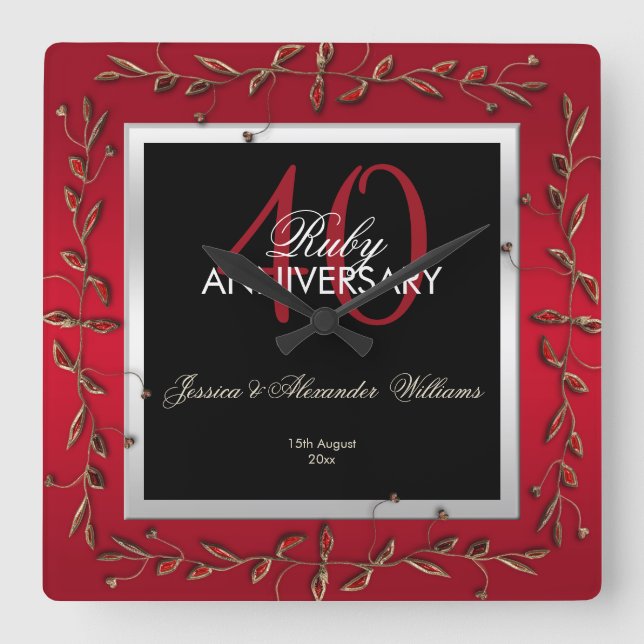 Horloge Carrée Elégant Ruby Gemstones 40e anniversaire de Mariage (Recto)