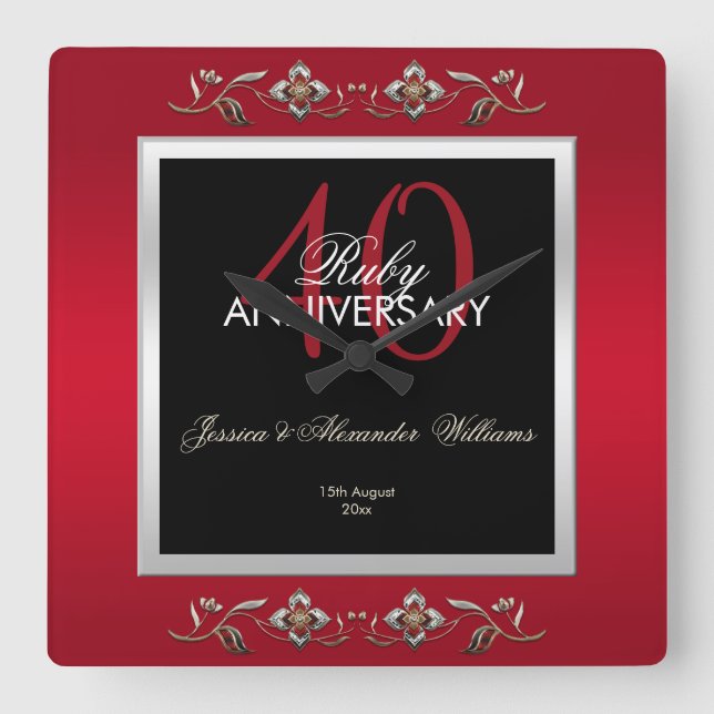 Horloge Carrée Elégant Ruby Gemstones 40e anniversaire de Mariage (Recto)