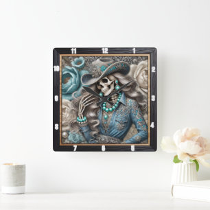 Horloge Carrée Elégant Skeleton Portrait Floral Arrière - plan
