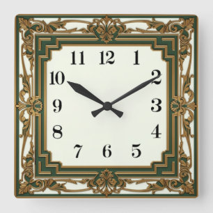 Horloge Carrée Élégant Vert Art Déco
