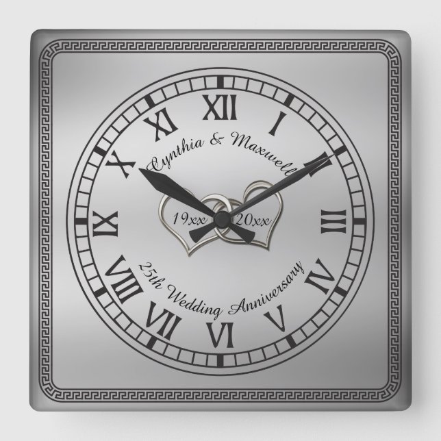 Horloge Carrée Élégante clé grecque 25ème anniversaire Mariage (Recto)