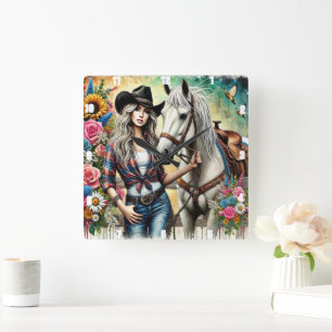 Horloge Carrée Élégante Cowgirl Poster Avec Beau Cheval Blanc