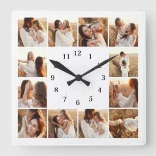 Horloge Carrée Élégante Famille Moderne 12 Photo Collage Keepsaké