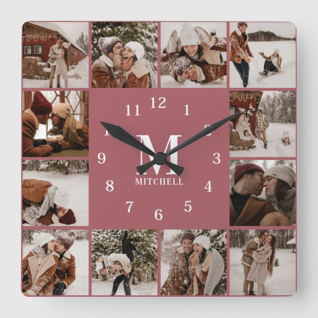Horloge Carrée Élégante Famille Moderne 12 Photo Collage Monogram (Recto)