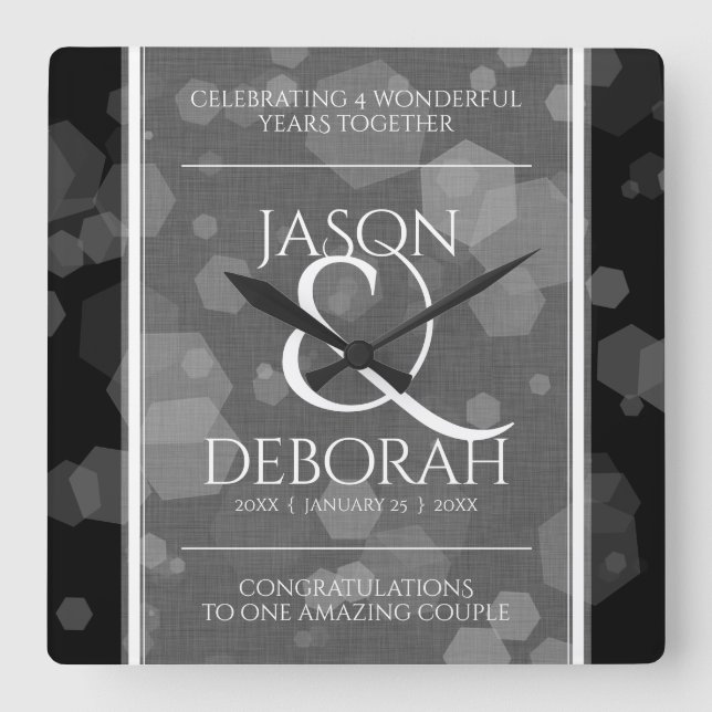 Horloge Carrée Élégante fête du 4e anniversaire du Mariage de lin (Recto)