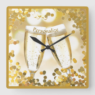 Horloge Carrée Élégantes coupes à champagne célèbrent les confett