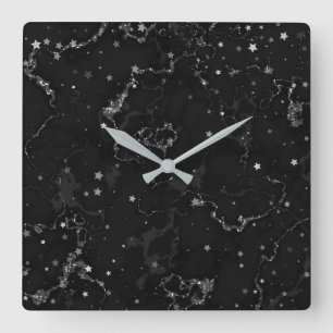 Horloge Carrée Élégantes étoiles en marbre noir argenté