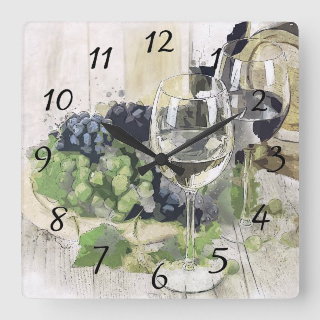 Horloge Carrée Élégants verres à vin, raisins violets et verts (Recto)
