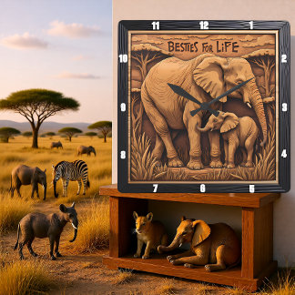 Horloge Carrée Élément gravé Mère bébé éléphant