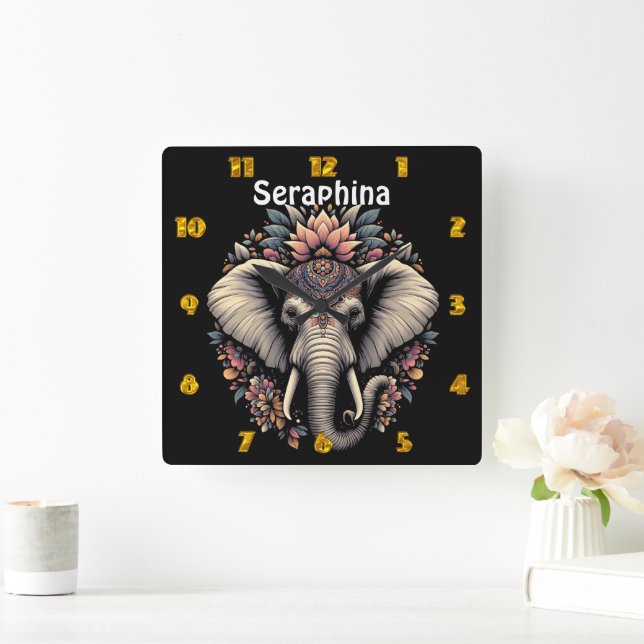 Horloge Carrée éléphant à motifs floraux dans la nature (Maison)
