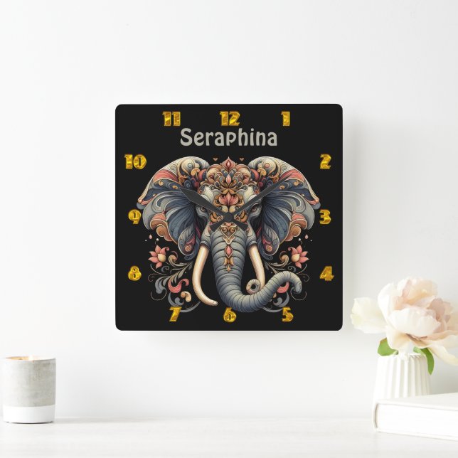 Horloge Carrée Eléphant aux motifs floraux complexes (Maison)