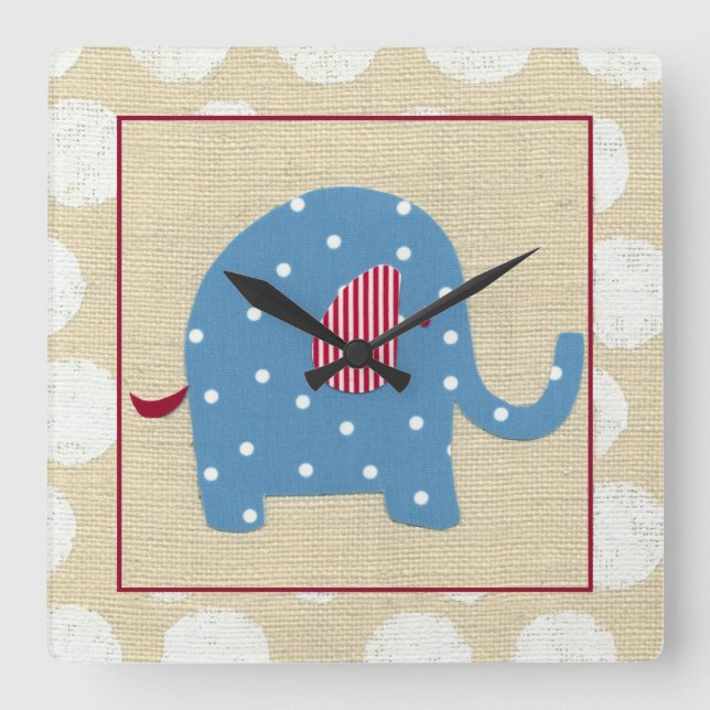 Horloge Carrée Eléphant bleu avec Pois blancs (Recto)