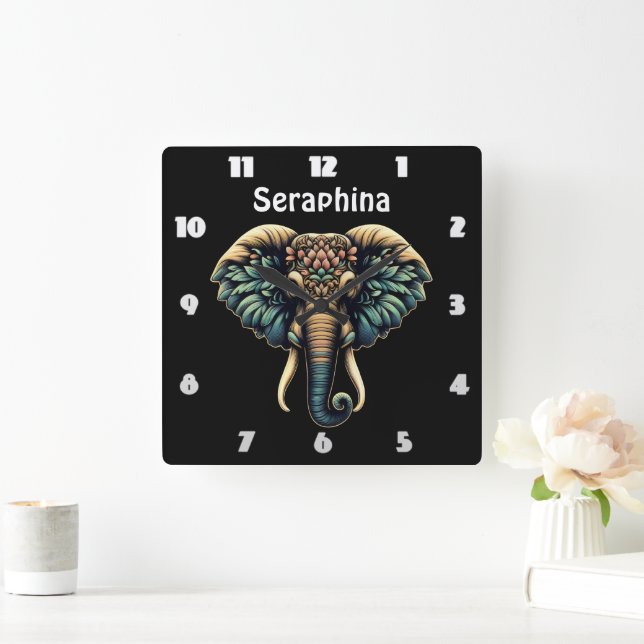 Horloge Carrée Eléphant dans des fleurs et des feuilles vibrants (Maison)