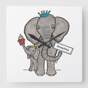 Horloge Carrée Éléphant et bébé mignons personnalisés