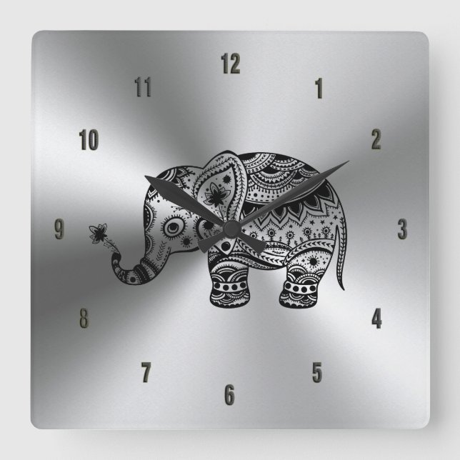 Horloge Carrée Eléphant Floral Noir Métallique Argent (Recto)