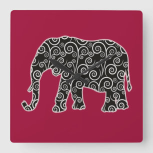 Horloge Carrée Eléphant noir et blanc sur rouge