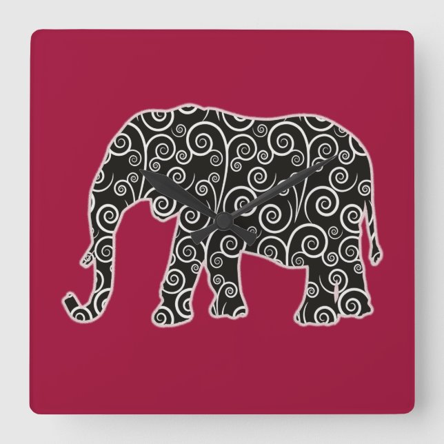 Horloge Carrée Eléphant noir et blanc sur rouge (Recto)