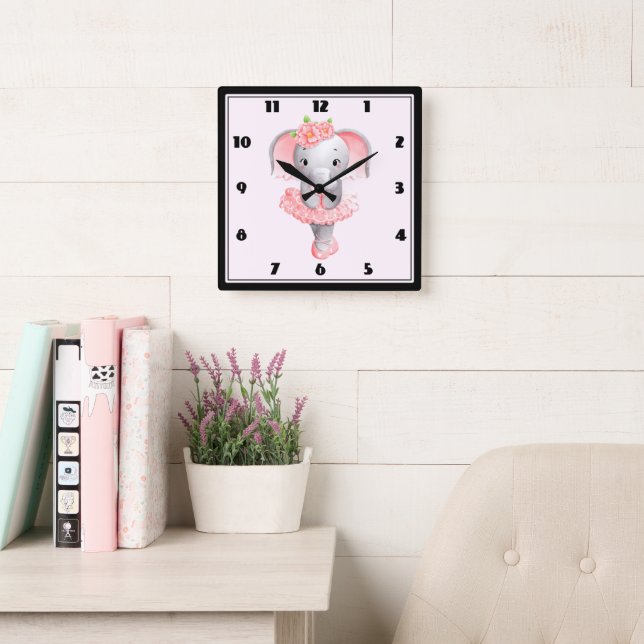Horloge Carrée Eléphant rose et gris mou Ballerina (Salle de lecture)