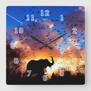 Horloge Carrée Elephant Silhouette Square Clock