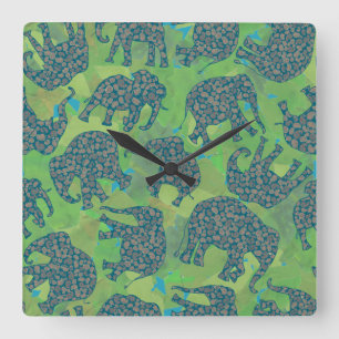 Horloge Carrée Eléphants Paisley, Mur Feuille Vert Jungle