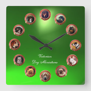 Horloge Carrée Émaux victoriens MINIATURES DE CHIENS Green