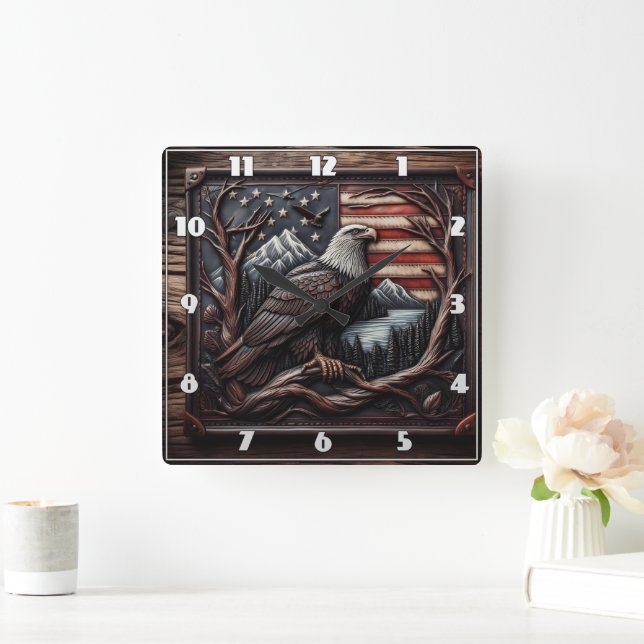 Horloge Carrée Emblème Aigle Avec Drapeau Américain (Maison)