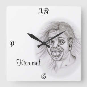 Horloge Carrée Embrasse-moi ! Crayon dessin noir et blanc