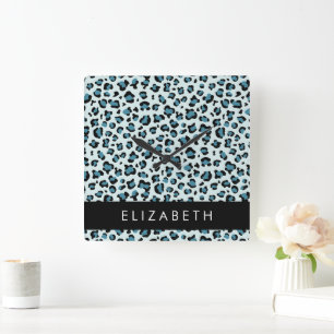 Horloge Carrée Empreinte de léopard, Spots, Leopard Bleu, Votre N