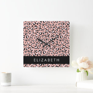 Horloge Carrée Empreinte de léopard, Spots, Leopard Rose, Votre N