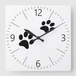 Horloge Carrée Empreintes de pattes de chat noir sur blanc
