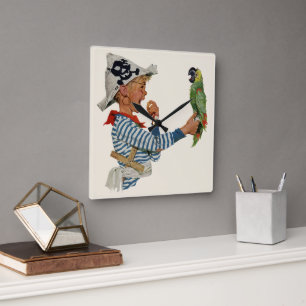Horloge Carrée Enfant Vintage, Garçon Jouant avec un Perroquet Pi