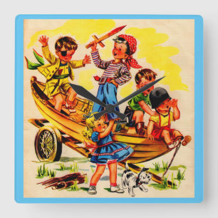Horloge Carrée enfants jouant au pirate