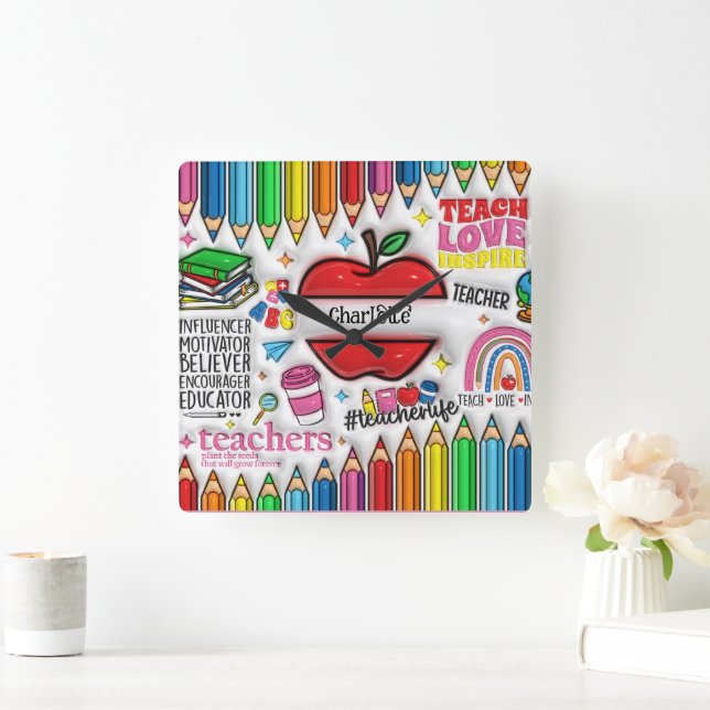 Horloge Carrée Enseignants : Inspirer, Croissance, Esprit, Coeurs (Maison)