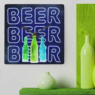 Horloge Carrée Enseigne de bière au néon LED bleu royal