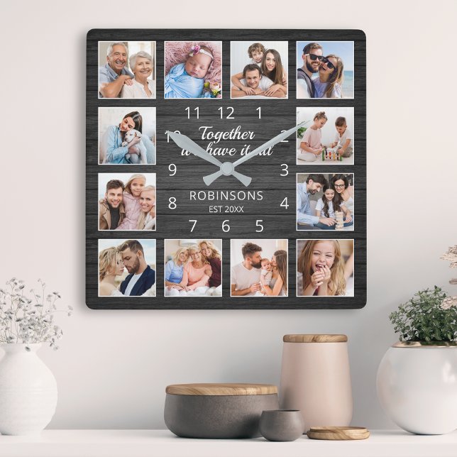 Horloge Carrée Ensemble Nous Avons Tout Citer Famille Photo Noir (Créateur téléchargé)