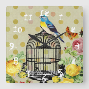 Horloge Carrée Éphémère Cage à Oiseaux Florale Granny Chic 