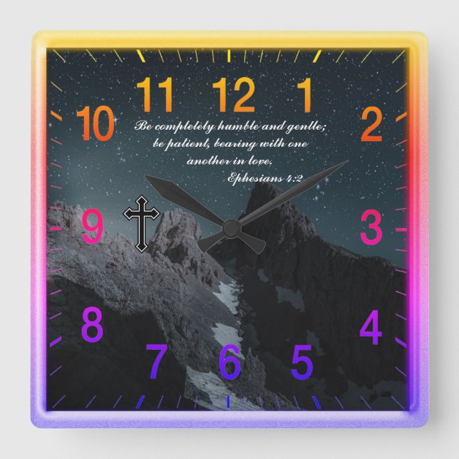 Horloge Carrée Éphésiens 4:2 Prière de foi chrétienne (Recto)