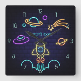 Horloge Carrée Espace Enfants Thème Néon Lumière