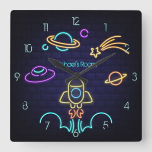 Horloge Carrée Espace pour enfants néon lumineux sur le thème