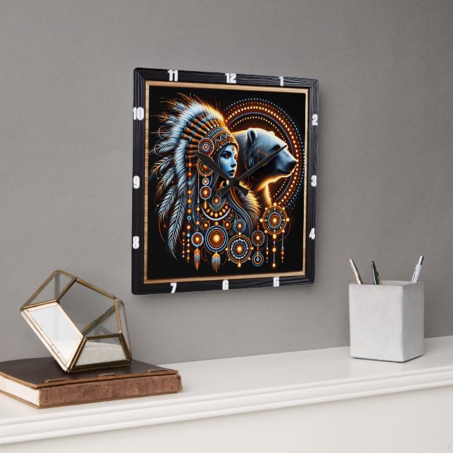 Horloge Carrée Esprit autochtone avec ours dans un design lumineu (Bureau)