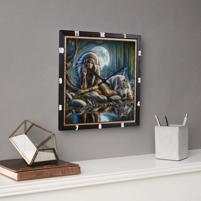 Horloge Carrée Esprit autochtone : Flux Flux Lumière dorée (Bureau)