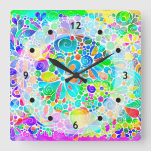 Horloge Carrée Esquisse Imaginaire Art - Fleurs Abstraites 2
