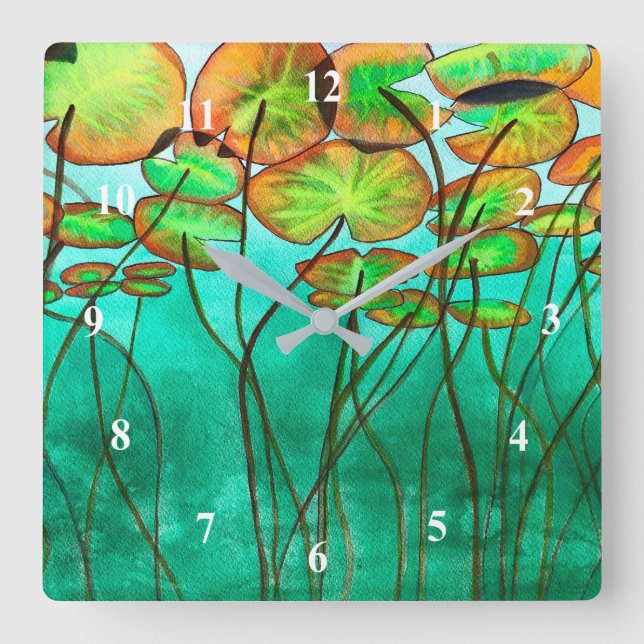 Horloge Carrée étang vert serein avec lilypads (Recto)